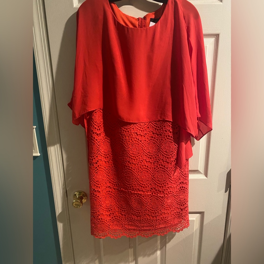 NWT- Coral Red Adrianna Papell cape dress with lace bodice dress. Size 6